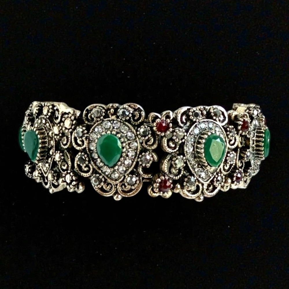 Victorian Revival Style Gold Tone Statement Cuff Green & Red Cabochon Adjustable
